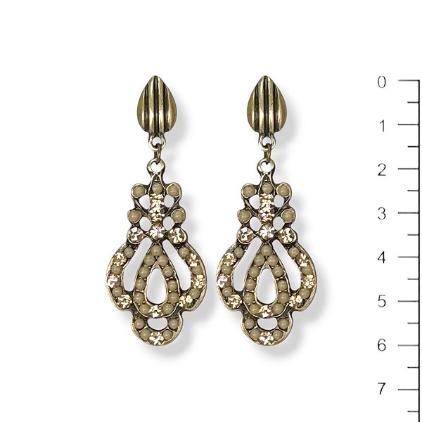 Brinco c/ bolinhas e strass bege e dourado - 12947