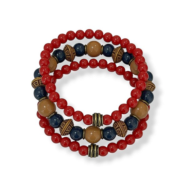 Kit c/ 3 pulseiras de bolas e entremeios vermelho, marinho e caramelo - 12960