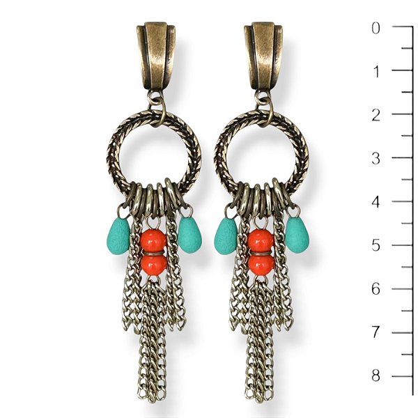 Maxi brinco argola, berloques e correntes coral e turquesa - 12904