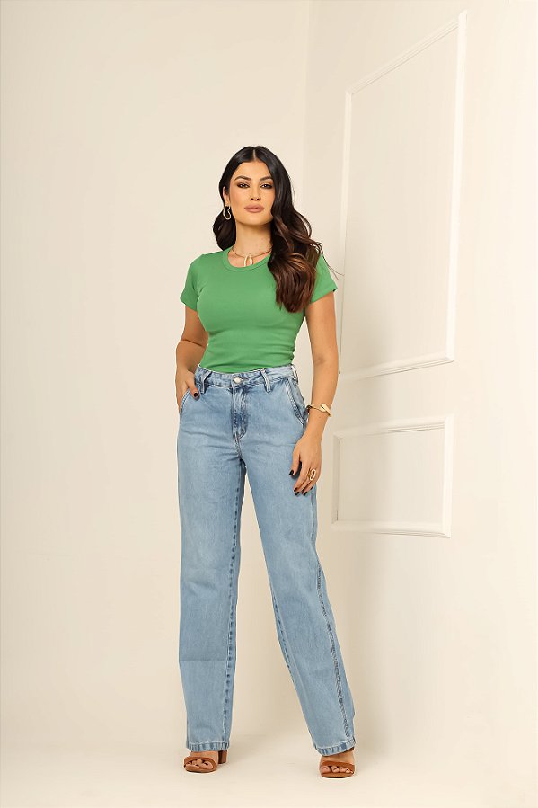 Calça Entrance wide leg  Básica Jeans  Feminina