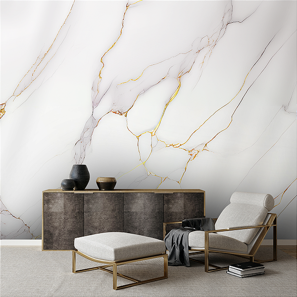 Papel de Parede - Textura Luxo - Mármore Branco e Dourado
