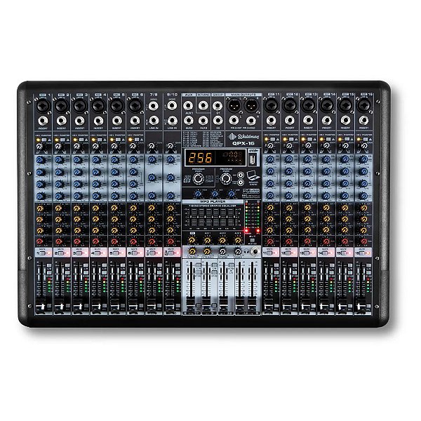 Mesa de Som Waldman QPX-16 — 16 Canais, USB Gravação/Playback 48 kHz, DSP 32-bit 256 Presets, Bluetooth/MP3/REC, Phantom +48V, 2 Subgrupos, 3 AUX, EQ Gráfico 7 Bandas