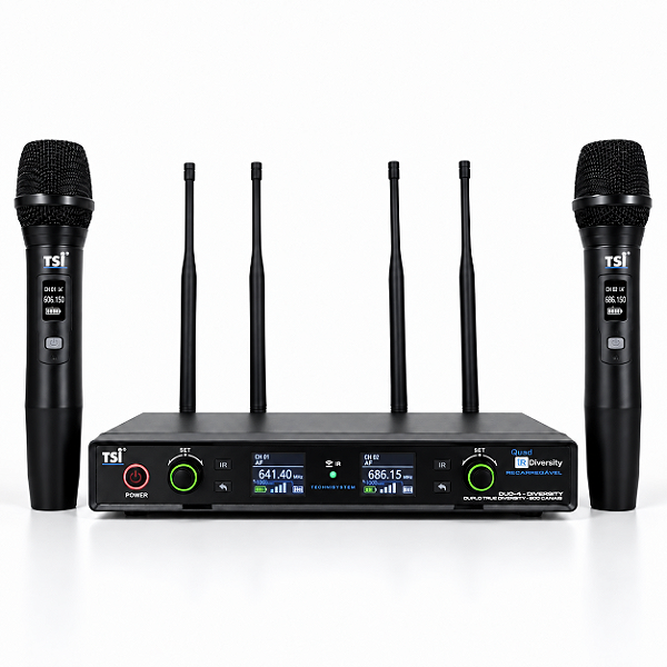 Microfone Sem Fio TSI Duo-4R Recarregável UHF 200 Canais