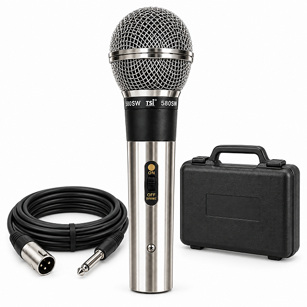 Microfone Vocal TSI 580SW Dinâmico Cardioide Com Fio Cabo XLR P10 5m Case Bolsa