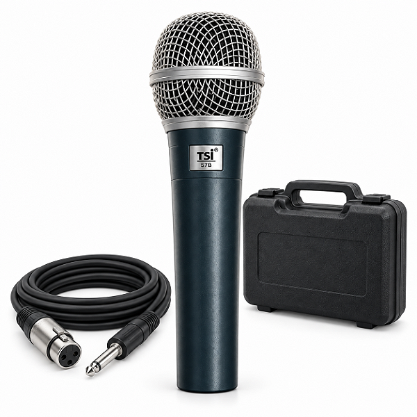 Microfone TSI 57B Dinâmico Supercardioide Com Fio Para Voz Instrumentos Bateria Percussão Cabo XLR P10 Case
