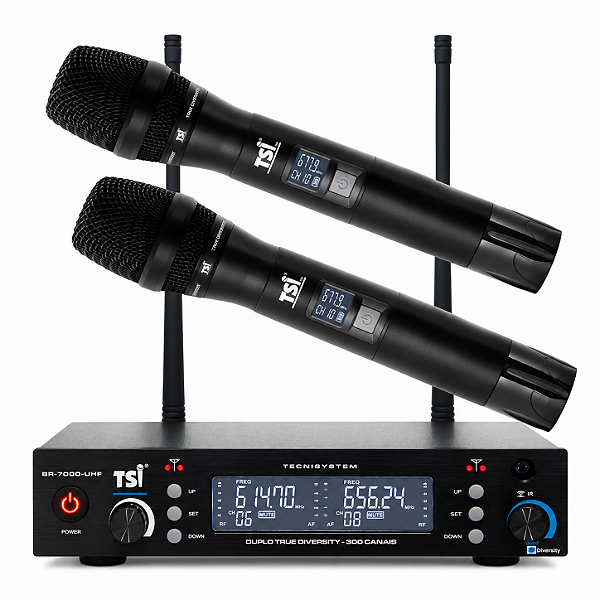 Microfone Sem Fio Duplo TSI BR 7000 UHF Digital 300 Canais True Diversity Com Maleta