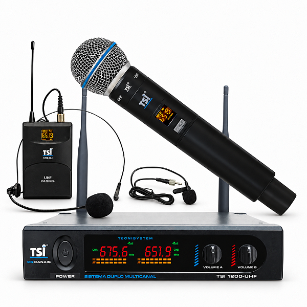 Microfone Sem Fio TSI 1200 CLI UHF 96 Canais Bodypack Headset Lapela Com Maleta