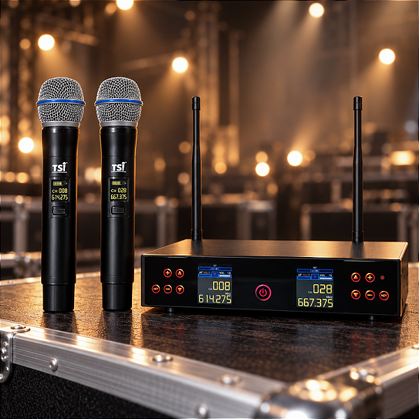 Microfone Sem Fio Duplo TSI BR-8500 UHF 300 Canais True Diversity com Maleta para Igrejas Eventos Palestras e Palcos