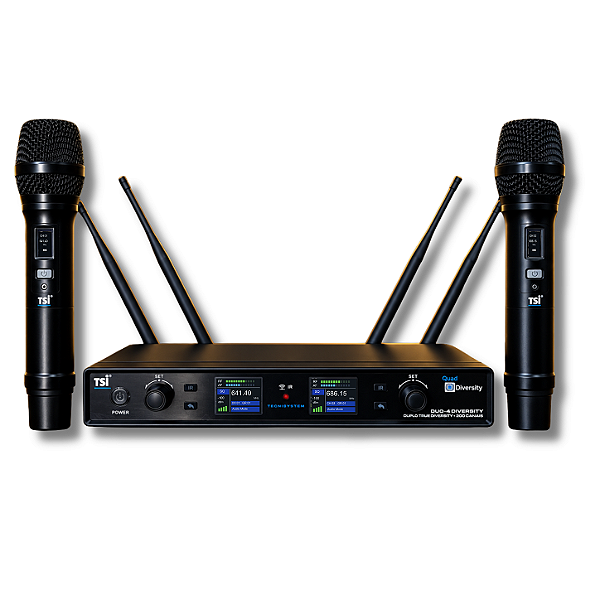 Microfone Sem Fio Profissional TSI Duo 4 UHF Duplo 200 Canais Quad Diversity 4 Antenas
