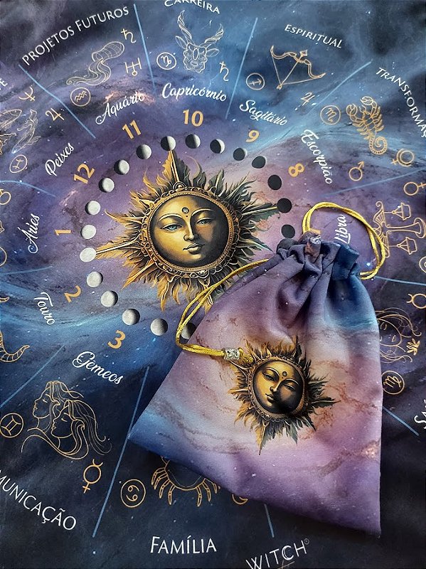 KIT TOALHA e PORTA ORÁCULOS WITCHARTS MANDALA ASTROLÓGICA ZODÍACO