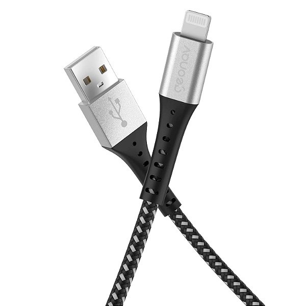 Geonav Cabo USB-A para Lightning, compatível com dispositivos Apple, 1.2 metros, nylon trançado, resiste até 10 mil dobras, tranferência de dados até 480 Mbps, ESLIBK, preto