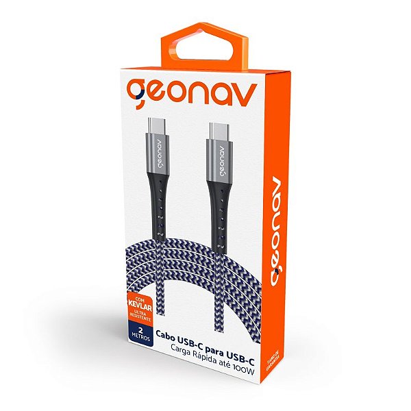 Geonav Cabo USB-C (tipo C) para USB-C (tipo C), revestimento interno ultra resistente Kevlar, 2 metros, nylon trançado, UCC05K, Azul e Cinza