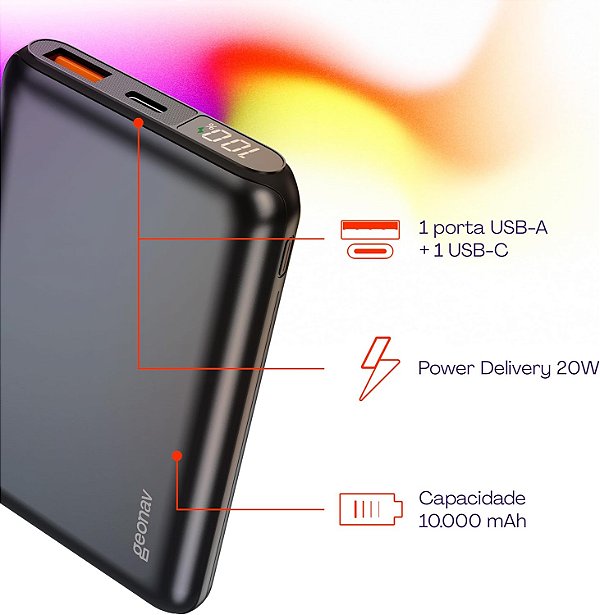 Geonav Power Bank, Carregador Portátil Universal 10.000mAh, USB-A (até 18W) + USB-C (até 20W), Compacto, Carregamento Rápido, Pass Through, Led Indicador de Bateria, PB10K20WSG, Cinza espacial