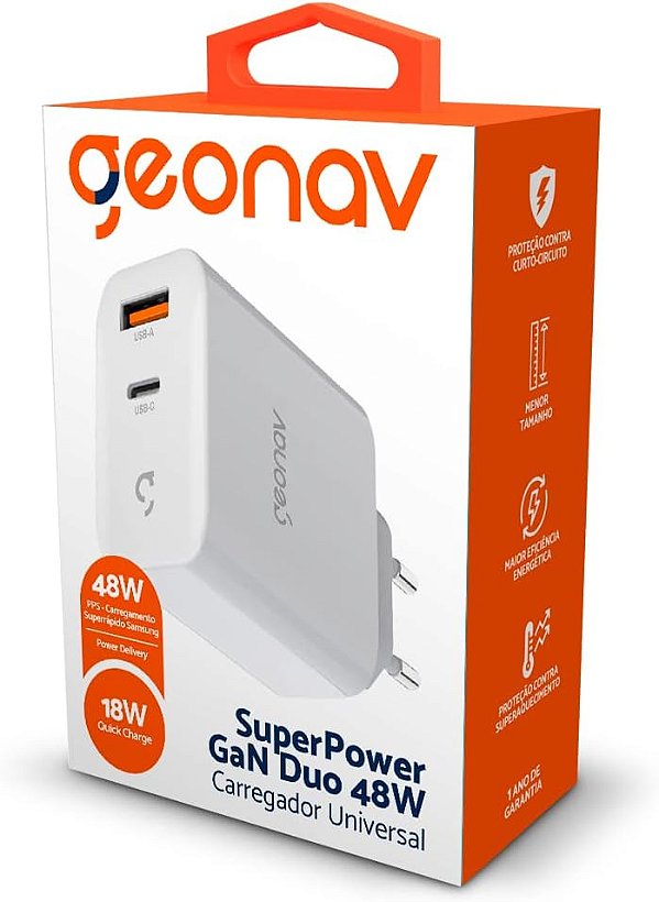 Geonav Carregador Universal SuperPower GaN Duo, 48W, 1 X USB-A e 1 X USB-C - tecnologias Quick Charge, Power Delivery, PPS**, CH48PDQCWT, Branco