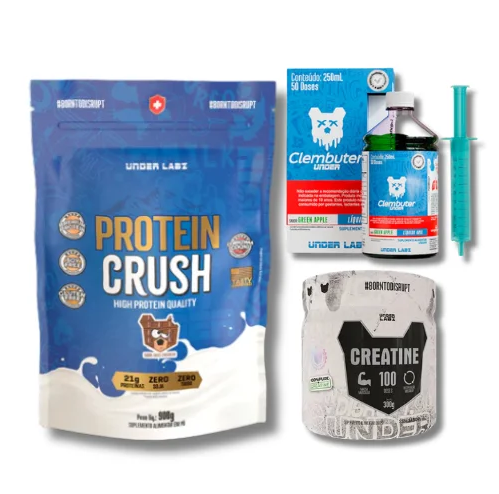 WHEY PROTEIN CRUSH 900G + TERMOGÊNICO CLEMBUTER UNDER 250 ML + CREATINA MONOHIDRATADA 300G