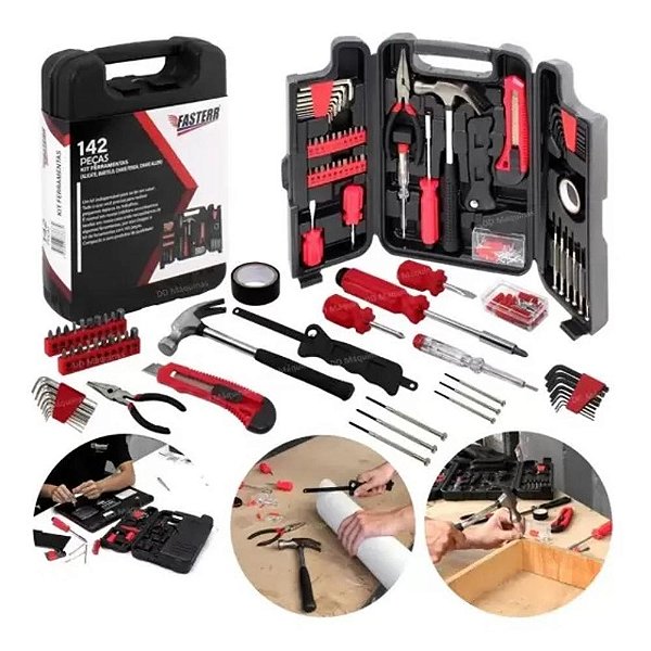 Kit Ferramentas 142 Peças Maleta Chaves Martelo Soquetes (7015)
