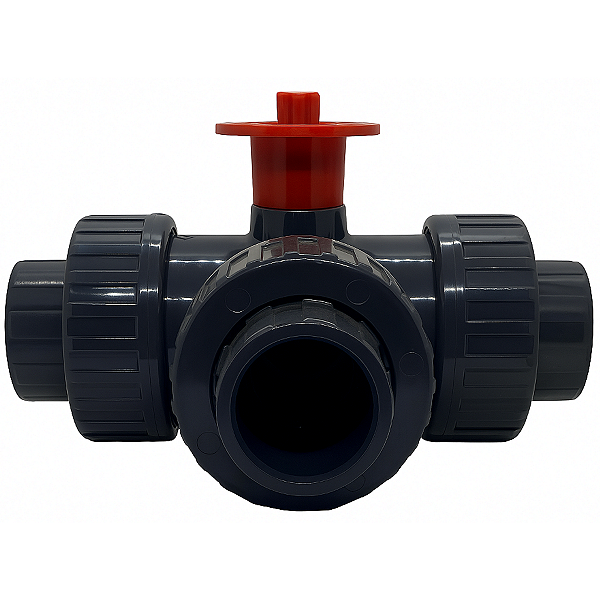 Válvula de Esfera Tipo T 3 Vias Adaptador Atuador PVC-U Teflon-EPDM PN10 D.UNIÃO F/F D.50-1 1/2" SCH80 Solda - Aqua Plastic