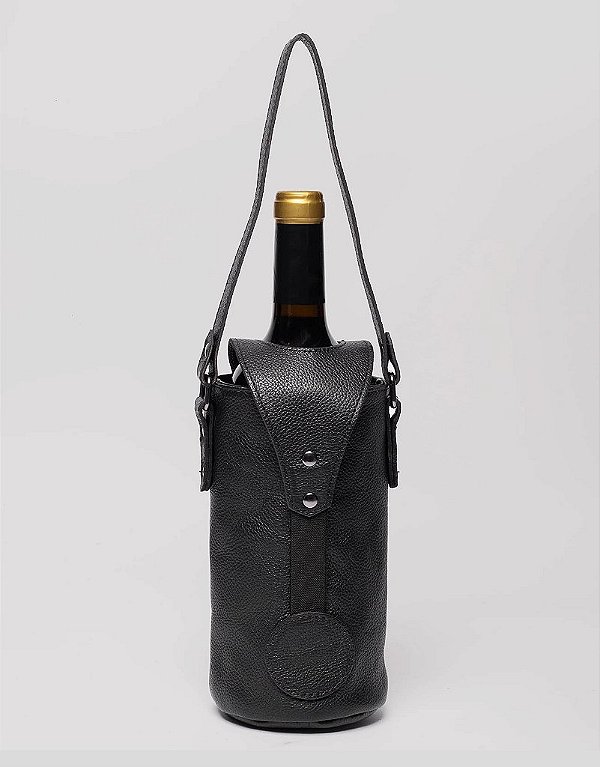 Porta Vinho Individual Couro Preto