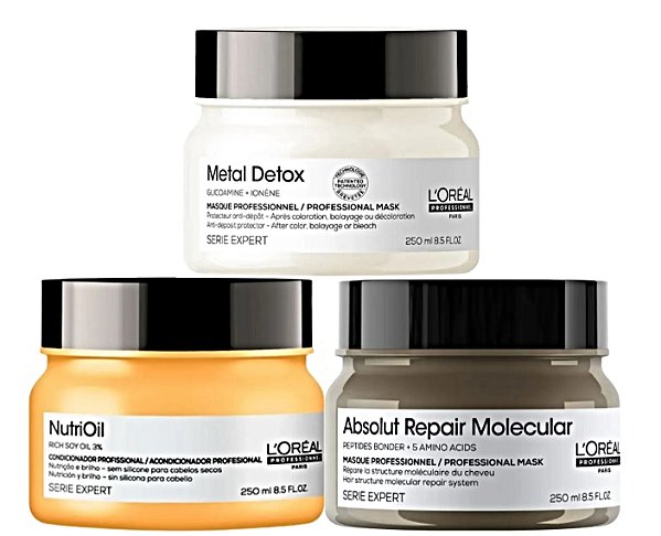 Kit Loréal Cronograma Másc Molecular+ Metal Detox+ Nutrioil