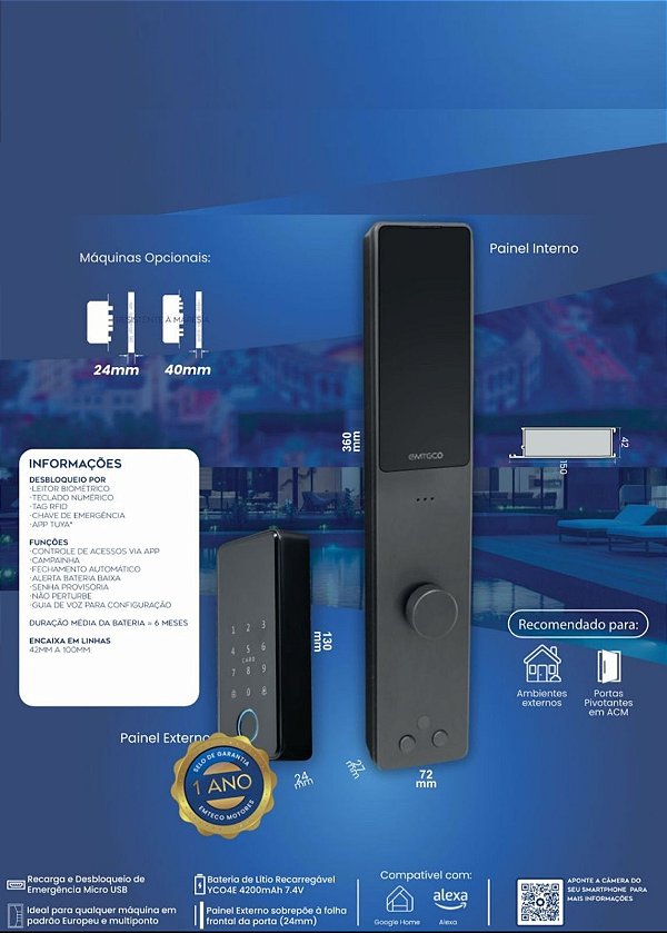 FECHADURA PAINEL PEQUENO COM CILINDRO RESISTENTE A CHUVA E SOL  - WIFI