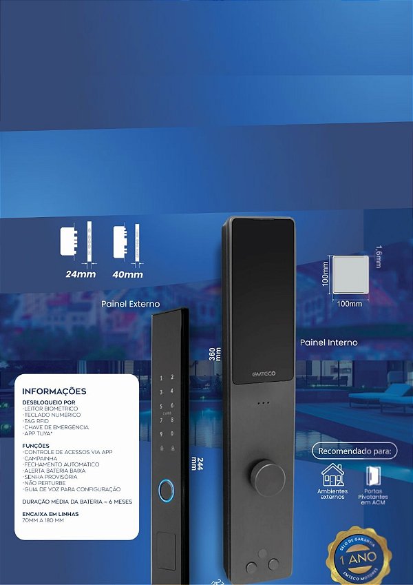 FECHADURA PAINEL EMBUTIDO COM CILINDRO RESISTENTE A CHUVA E SOL - WIFI