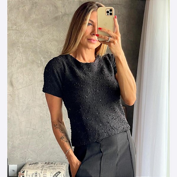 Blusa Tricot Manguinha Detalhes Paetês