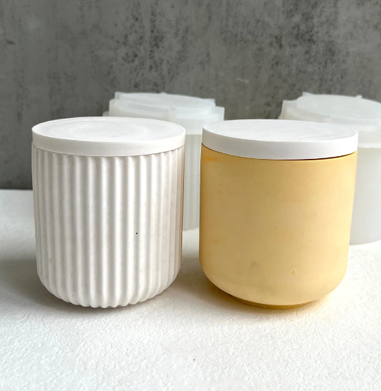Kit 2 Molde Silicone Pote C Tampa Liso + Riscado Gesso R5