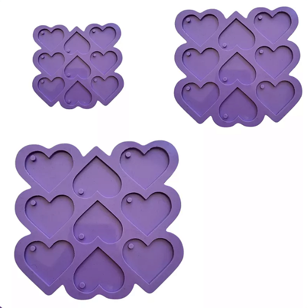 Kit 3 Molde Silicone Coração 2 3 E 4cm Resina Pingente R67