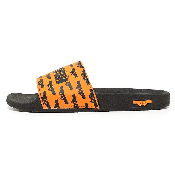 Chinelo Slide Preto e Laranja Estampado Ecofriendly