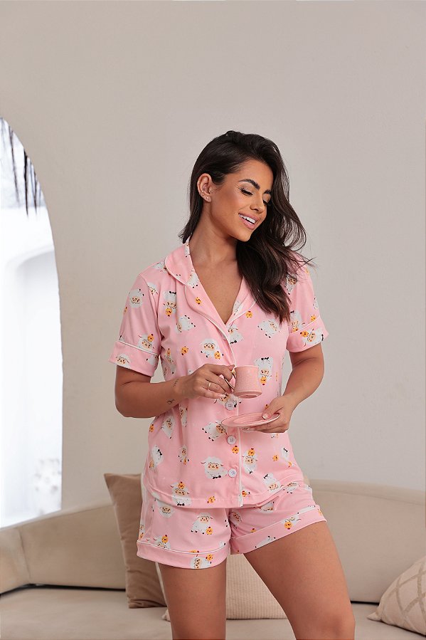 Pijama Feminino Americano Curto Rosa Ovelhas