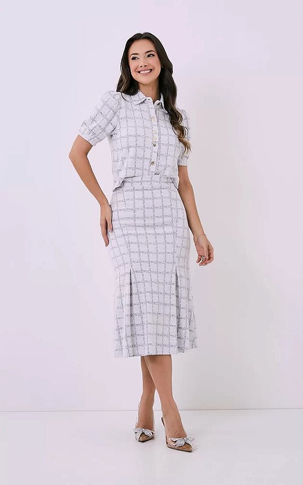 Conjunto Tweed Evasê Azul Claro Marcela 2898 - Tatá Martello