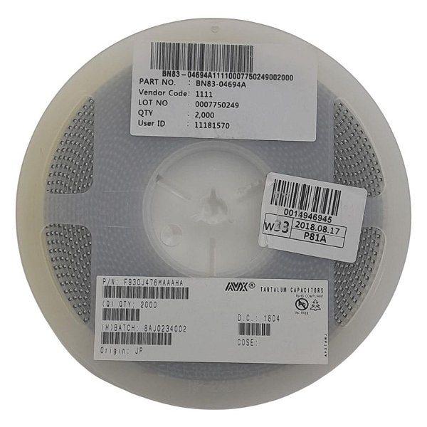 Rolo 2000x Capacitor Tântalo 47uF 6.3V 1206 F930J476MAA TEESVA0J476M8R