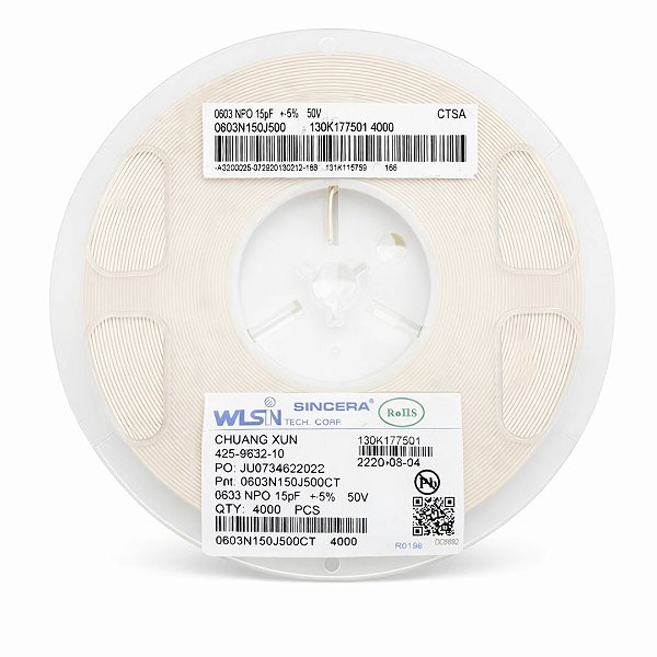 Rolo 4.000 Peças - Capacitor Cerâmico Multicamadas SMD 15PF 50V 0603 (0603N150J500CT) 5%
