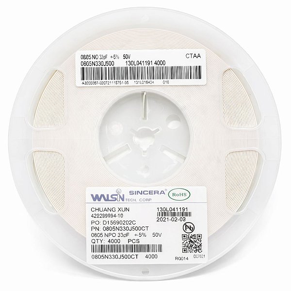 Capacitor SMD 0805 33pF 50V 5% – Carretel 4000 Peças (0805N330J500CT)
