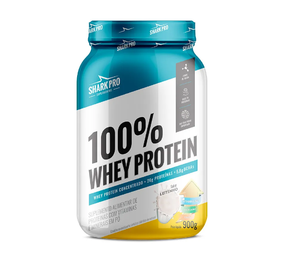 100% WHEY PROTEIN SHARK PRO POTE 900G SABOR LEITINHO