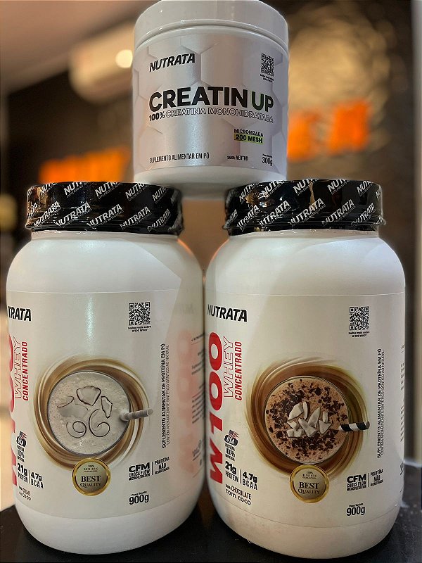 COMBO 2 WHEY W100 POTE DE 900G CADA COM UMA CREATINA NUTRATA 100% PURA DE 300G