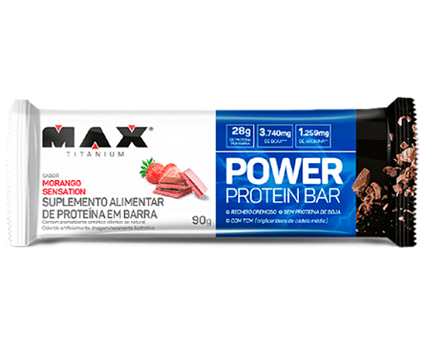 POWER PROTEIN BAR 90G MAX TITANIUM SABOR MORANGO SENSATION