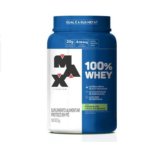 100% WHEY MAX TITANIUM POTE 900G SABOR PISTACHE COM CHOCOLATE BRANCO