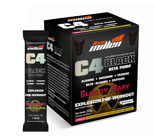 C4 BLACK BETA PUMP NEW MILLEN CAIXA COM 22SACHES DE 10G SABOR STICK BLOODY MARY