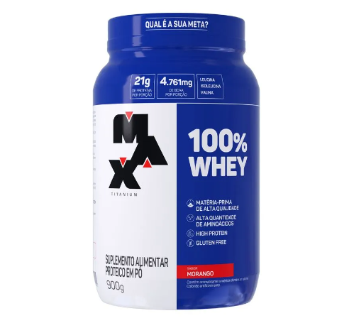 100% WHEY MAX TITANIUM POTE 900G SABOR MORANGO