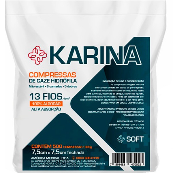 Compressa de Gaze Karina 13 Fios Não Estéril 500 Und - America