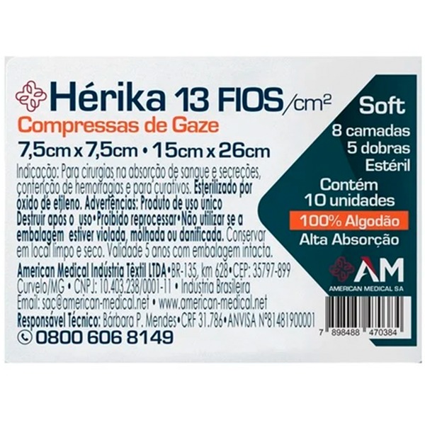 Compressa de Gaze Esteril 7,5cm x 7,5cm 13 Fios 10 Und - America