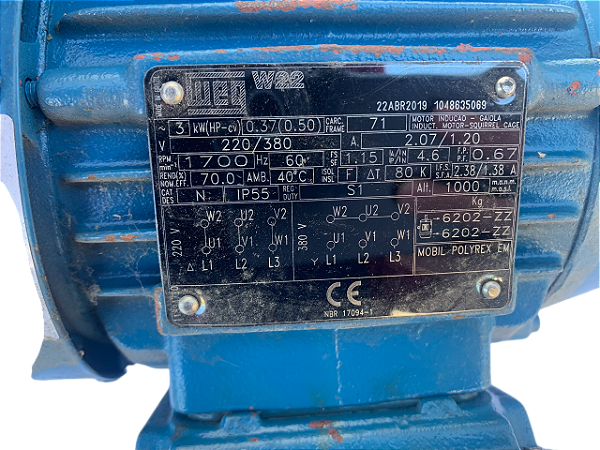 Motor trifásico 0,5CV 4P 220/380V 71 B5D 6term IP55 60HZ premium W22 Weg