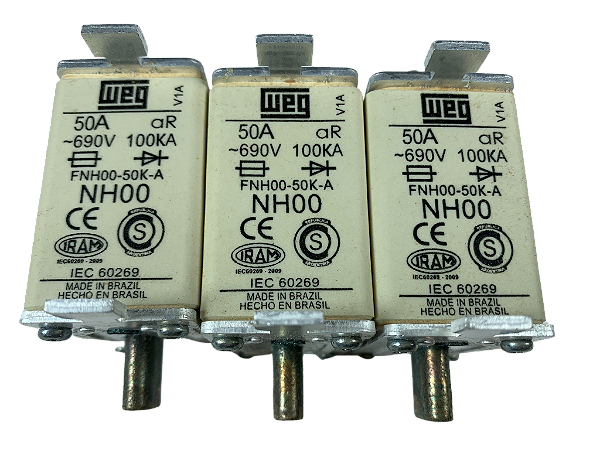 3 pçs fusíveis NH00 aR 50A 100kA FNH00-50K-A 10701718 Weg