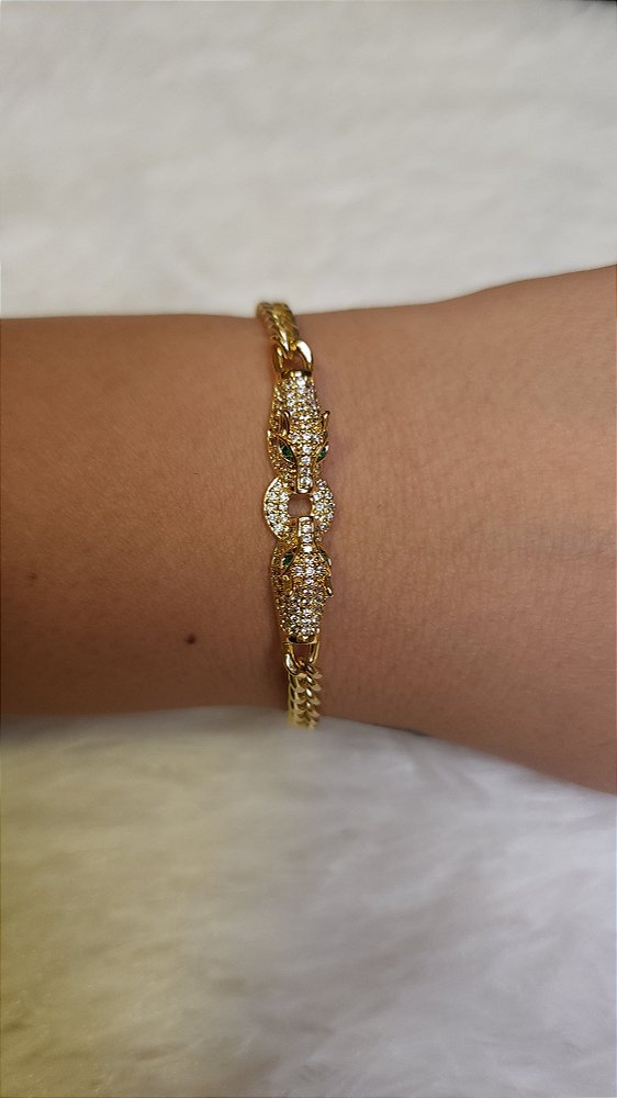 Pulseira corrente fina leopardo com cristais