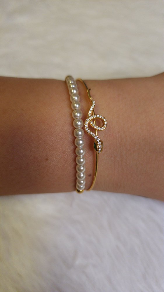 Bracelete serpente, pérolas e cristais