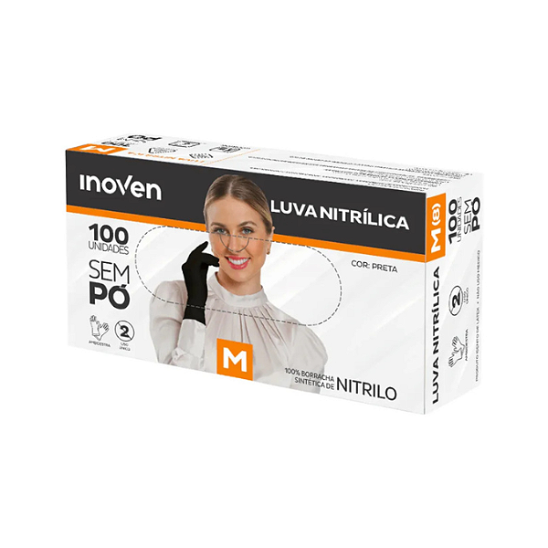 Luva Nitrílica Preta Tamanho M (Sem Pó) -  Caixa com 100 Unidades