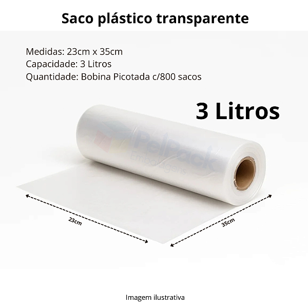 Saco Plástico 3 Litros (23cm x 35cm) – Bobina Picotada com 800 Unidades