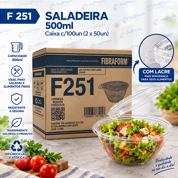 Saladeira 500ml com lacre F251 - Caixa com 100 unidades