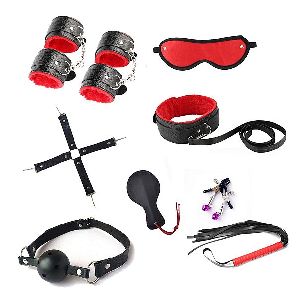 Kit Sadomasoquismo Bondage 11 Peças BDSM Mordaça Chicote Palmatoria Fetiche Motel SexShop Erotico